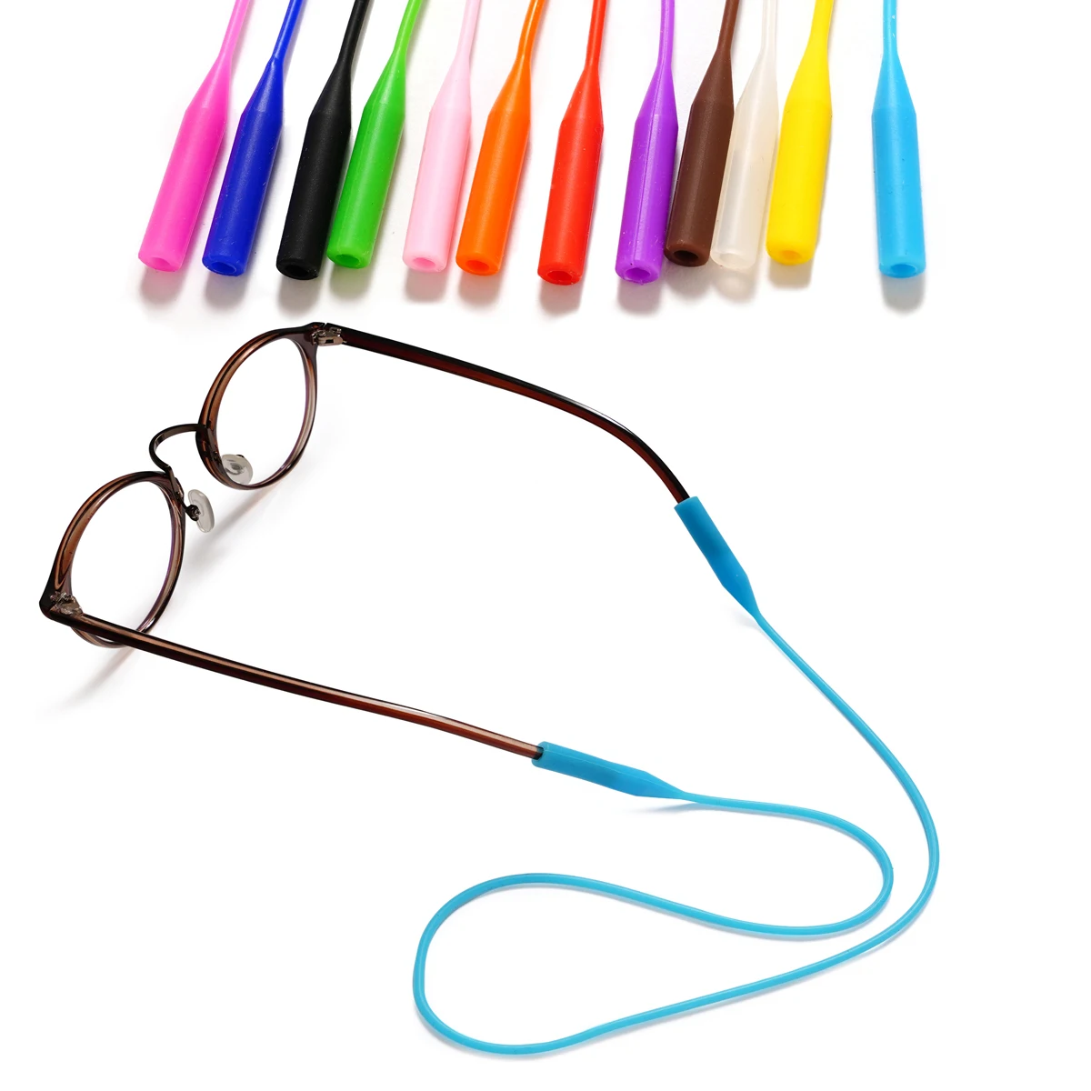 Vorteilspack aus zwölf Farben aus Silikonbrillen mit Anti-Drop-Seil, geeignet für Männer und Kinder, universeller Kopfhörer-Aufhängung