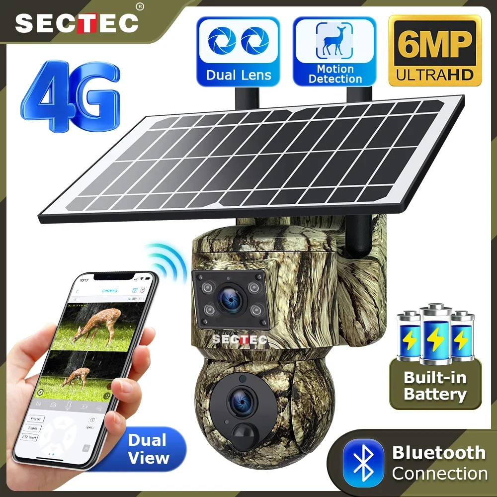 HD 6MP Dual Lens Camouflage 4G Solar Camera GSM Outdoor IP66 PTZ Wide Angel Hunting Trail Camera Motion Detect Hide CCTV Camera