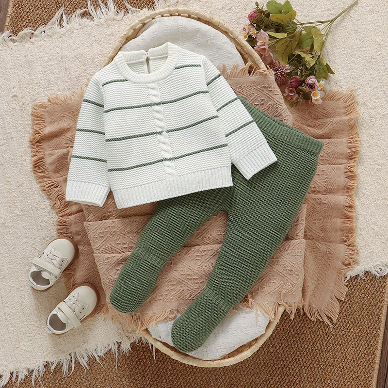 

Комплекты одежды для новорожденных: вязаный свитер для мальчиков и девочек в полоску + брюки, однотонный пуловер для младенцев с длинным рукавом + штаны с накладками на ноги, 0-12 месяцев, теплый