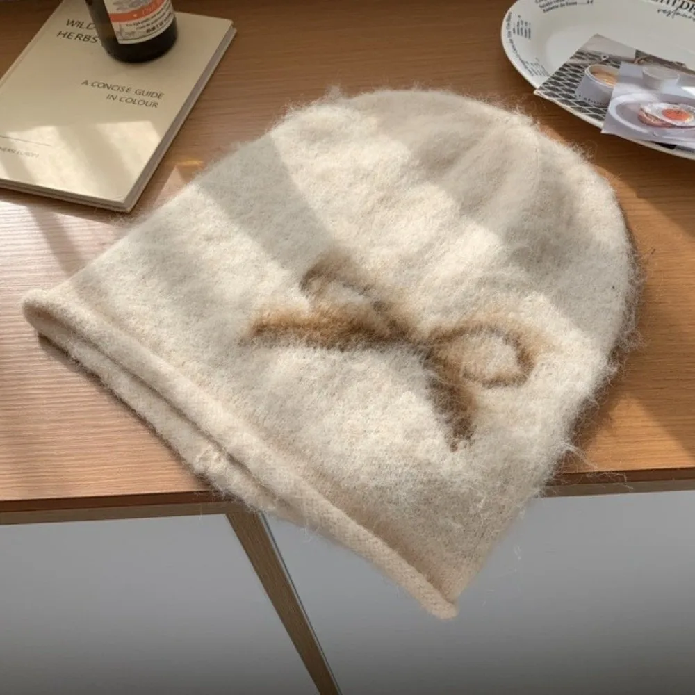 

Жаккардовая вязаная шапка с милым принтом и бантом, шерстяные теплые шапочки с принтом, большая окружность головы, корейский стиль, защитная шапка для ушей, осень