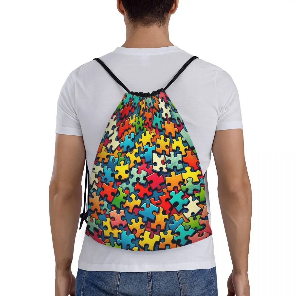 Autism Awareness Colorful Puzzle Piece Print Backpacks Portable Drawstring Bags Sports Bag Book Bags for Man Woman Students