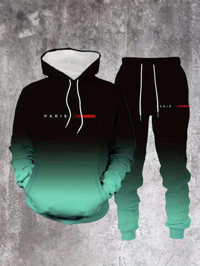 Men's 3D Gradient Paris Print Hooded Sweatshirt Joggers Set Casual Basic Athletic Hoodies Pants 2-piece Outdoor Tracksuit Outfit