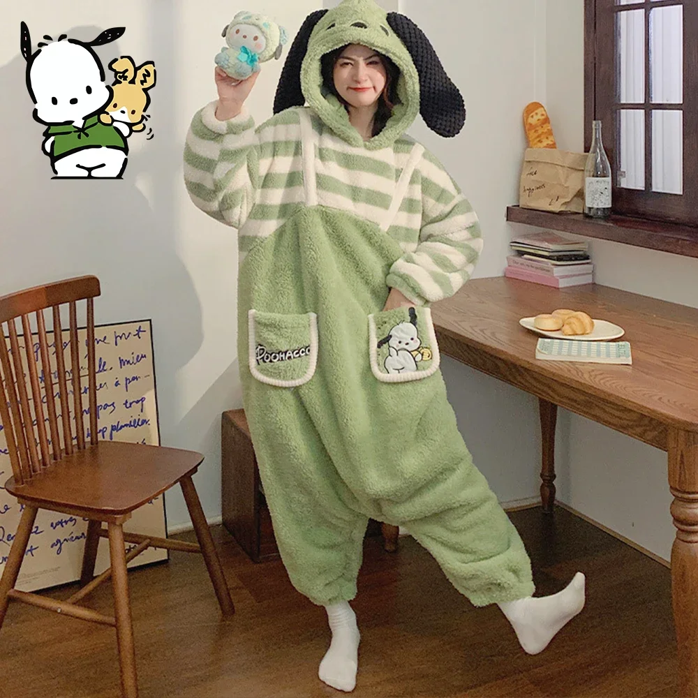 Sanrioed Cartoon Pochacco Women Plush Piece Nightgown Anime Kawaii Cinnamoroll Coral Fleece Pajamas Thicken Warm Winter Homewear