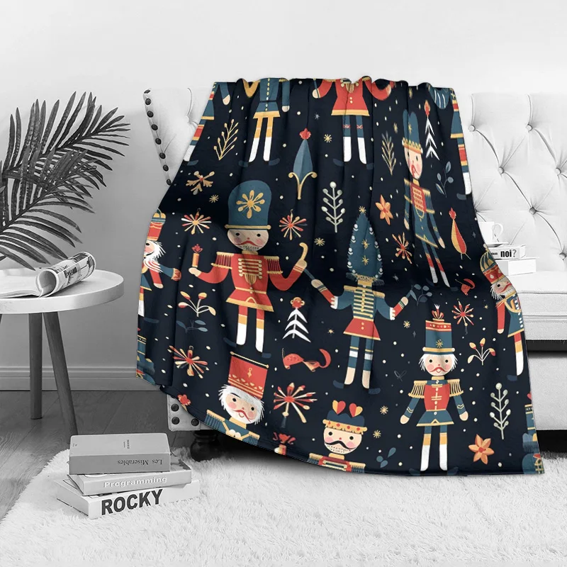 Cartoon Nutcracker Soldier Fleece Blanket, Dense Pattern with Red Blue Gold Uniform, Festive Throw for Christmas Sofa Decor
