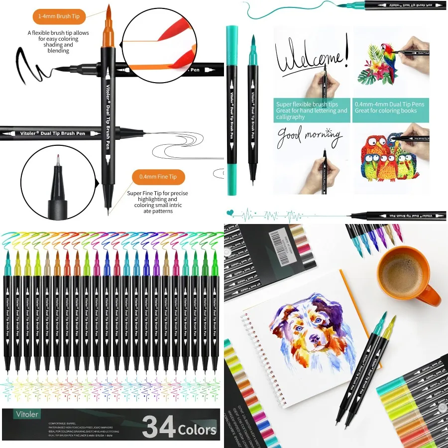 

Маркеры Vitoler 34 цветные маркеры-кисти с двумя наконечниками для художественных принадлежностей Маркеры для художников и взрослых Книги-раскраски без B