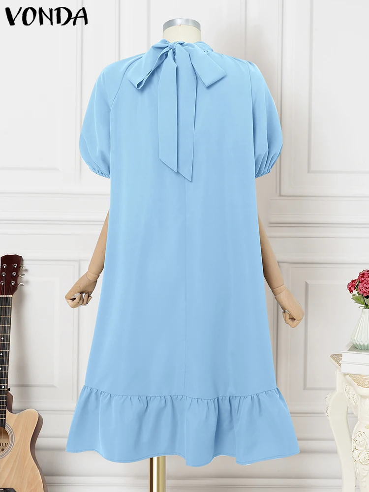 فوندا ميدي فستان المرأة الصلبة قصيرة الأكمام فستان الشمس أنيقة OL العمل تكدرت Vestidos 2025 موضة ربطة القوس فيونكة الرقبة رداء فضفاض غير رسمي