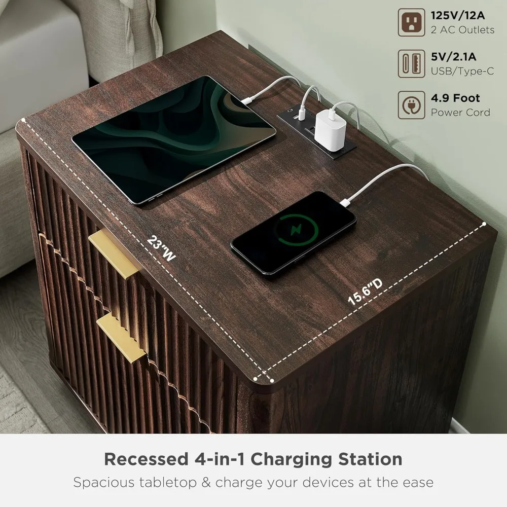 

23'' Fluted Nightstand with Charging Station, Large 2 Drawer Bedside Table, Modern End Table with Storage, Mid, Customized