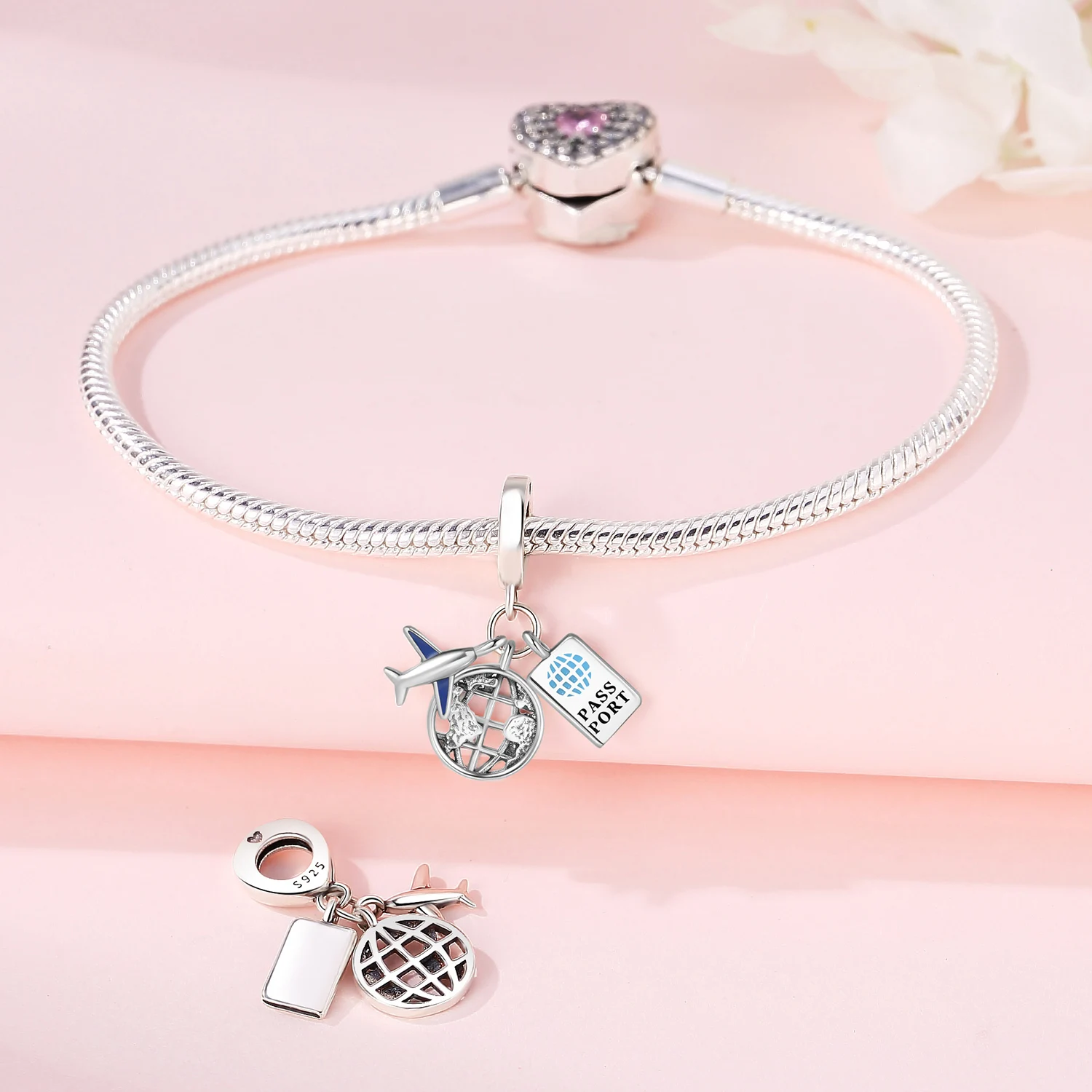 الأصلي 925 فضة سحر الفاخرة طائرة جواز سفر الأرض قلادة الخرز صالح سوار Diy بها بنفسك النساء صنع هدية حساسة