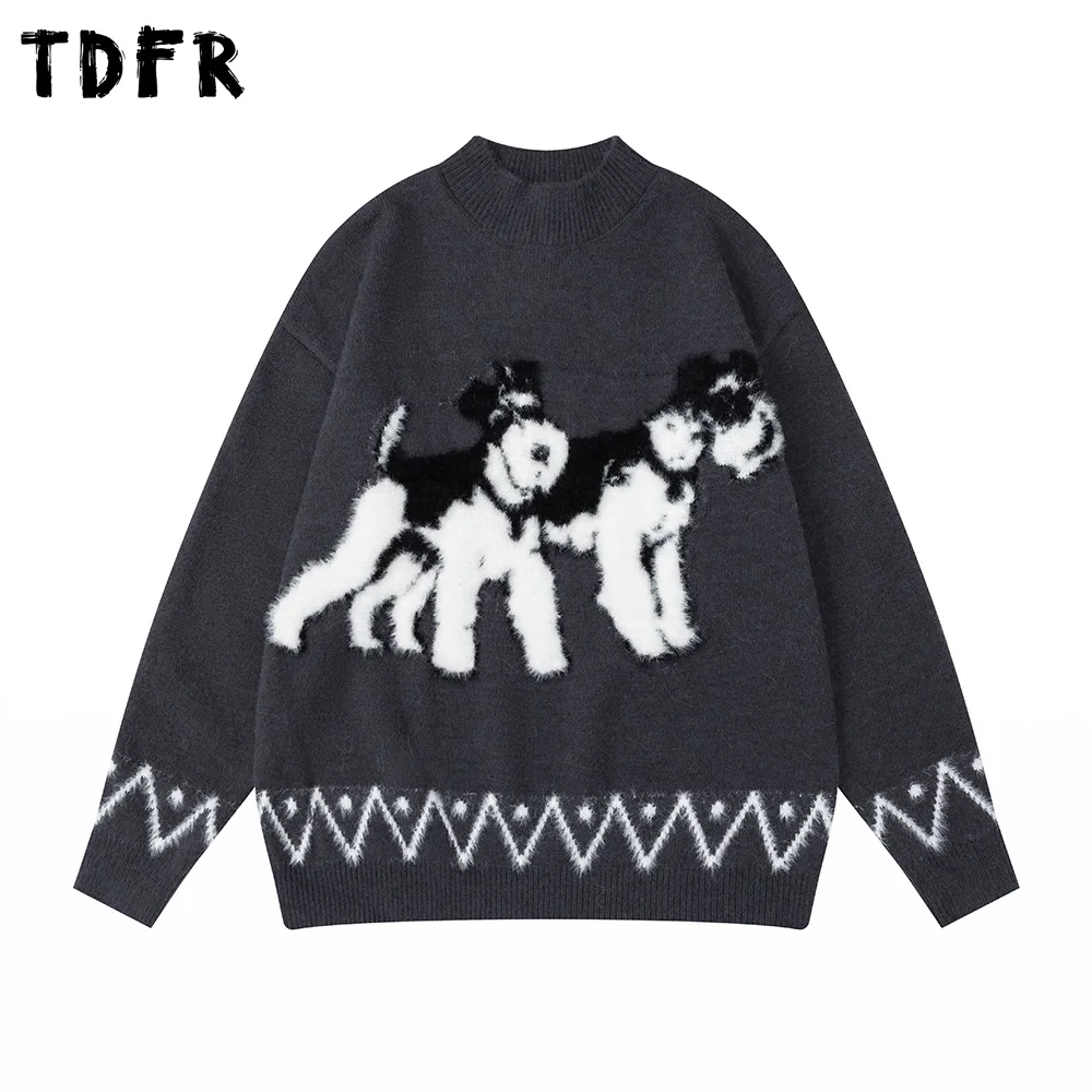 

Puppy Jacquard Knitted Sweater Mens Retro Autumn Winter Loose Long Sleeve Crew Neck Pullover Man