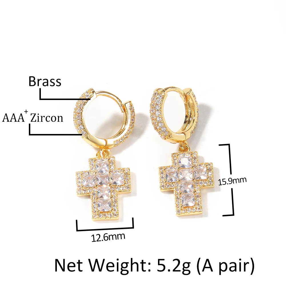 Uwin Cross Earrings Setting Iced Out Baguette Zircionia Earrings For Women Men Fashion Charm Hip Hop Jewelry