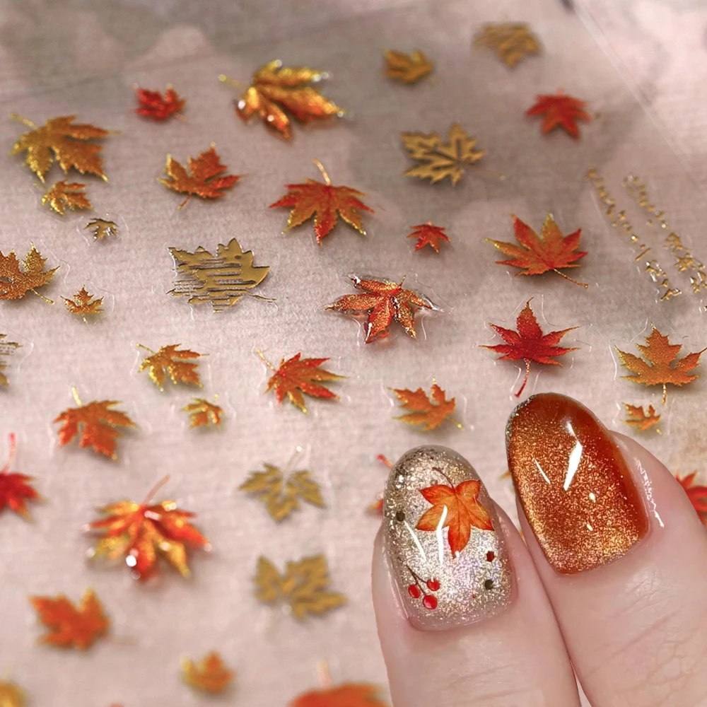 

1Pcs 5D Autumn Jelly Maple Leaf Story Nail Sticker Relief Shiny Golden Fall Leaves Adhesive Nail Decal Elegant Maple Nail Slider