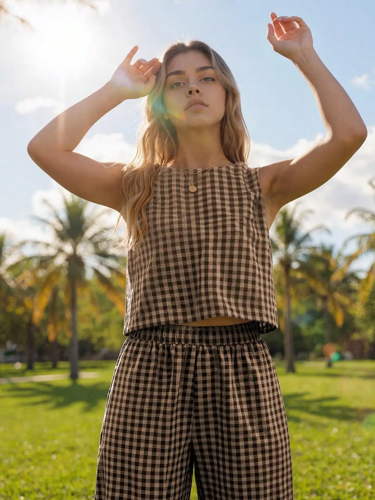 

Women Plaid Sleeveless Cropped Top And Wide Leg Pants Casual Two Piece Set