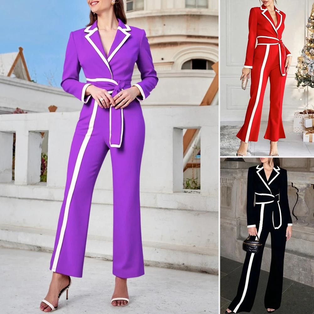 

Women's Jumpsuit Autumn Casual Contrast Color Plus Size Overalls For Women Fashion Diagonal Accent Stripe Wide-Leg Clothing