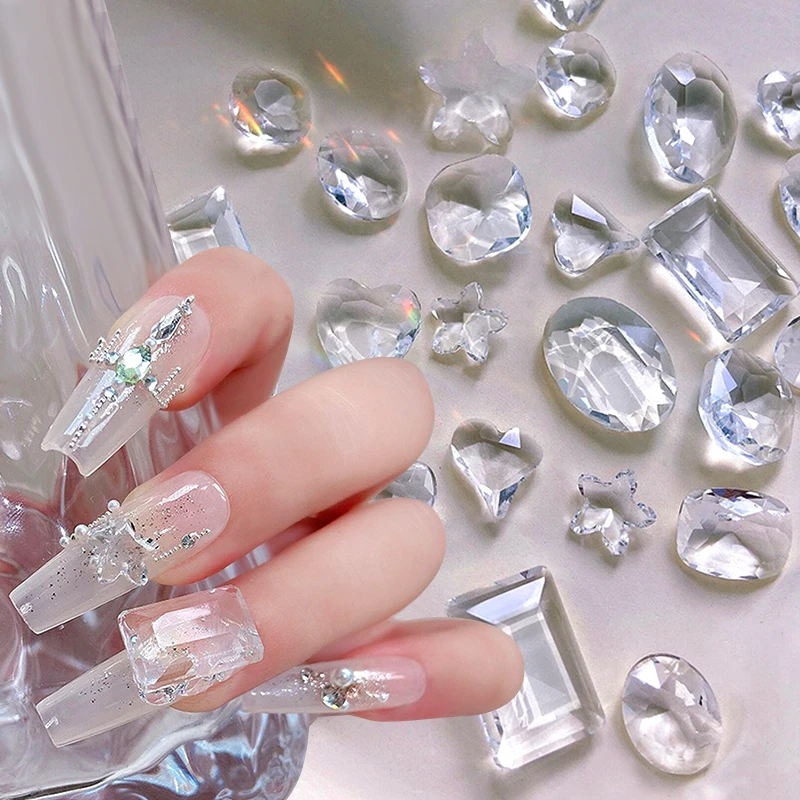 10Pcs/bag Ice Transparent Heart Nail Rhinestone Flat back Cube Sugar Shaped 3D Nail Art Decoration DIY Nail Charms Manicure