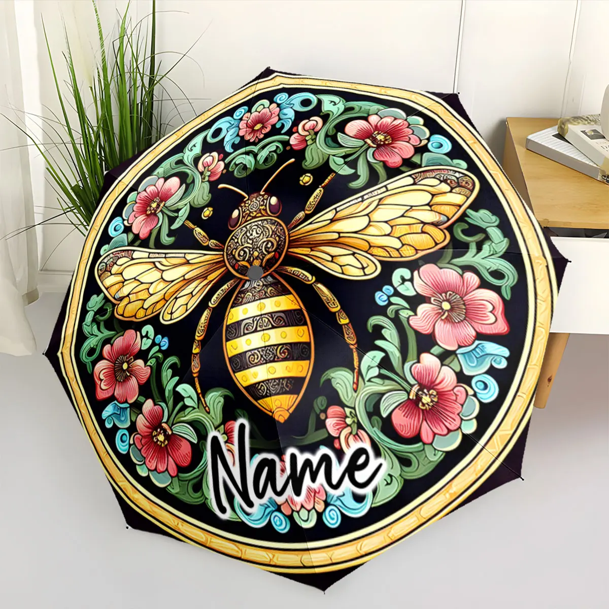 Custom Name Umbrella Bee and Floral Design Adorns Umbrella Canvas Print 8 Iron Ribs Folding Umbrella Auto-Open Fashion Sunshade