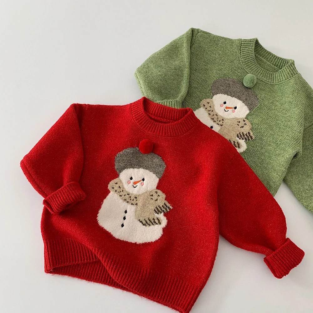 Kids Christmas Sweater Red Green Snowman Pattern Knitted Pullover Tops for Girls Boys Autumn Winter Children Clothes Sweaters