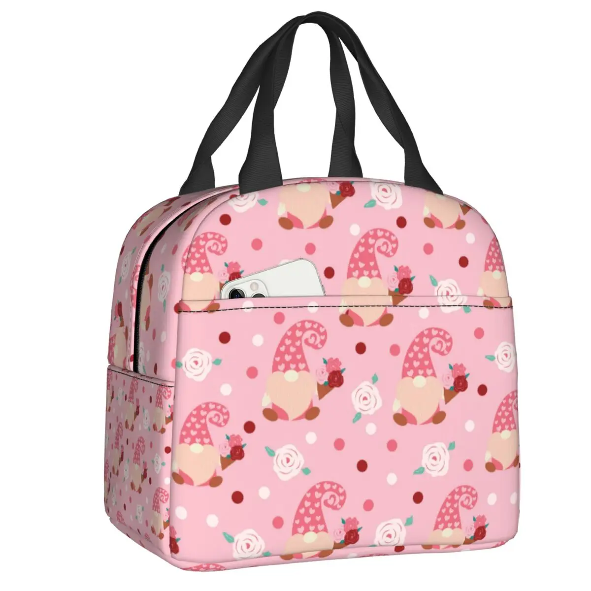

Custom Pink Gnome In Love Hearts And Flowers Pattern Insulated Lunch Bag for Women Portable Day Gift Thermal Cooler Lunch Box