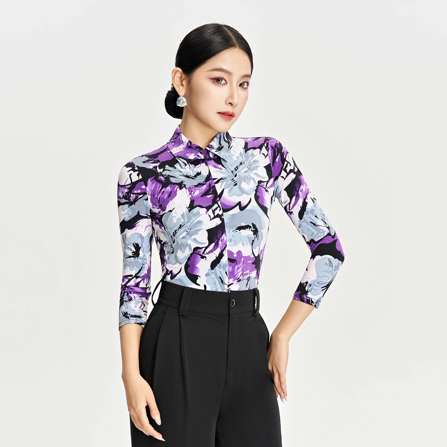 Topy do tańca latynoamerykańskiego dla kobiet z długim rękawem, koszula z kwiatowym wzorem, body, odzież do ćwiczeń tańca latynoamerykańskiego, kostiumy do tańca towarzyskiego DN22369 (2025)