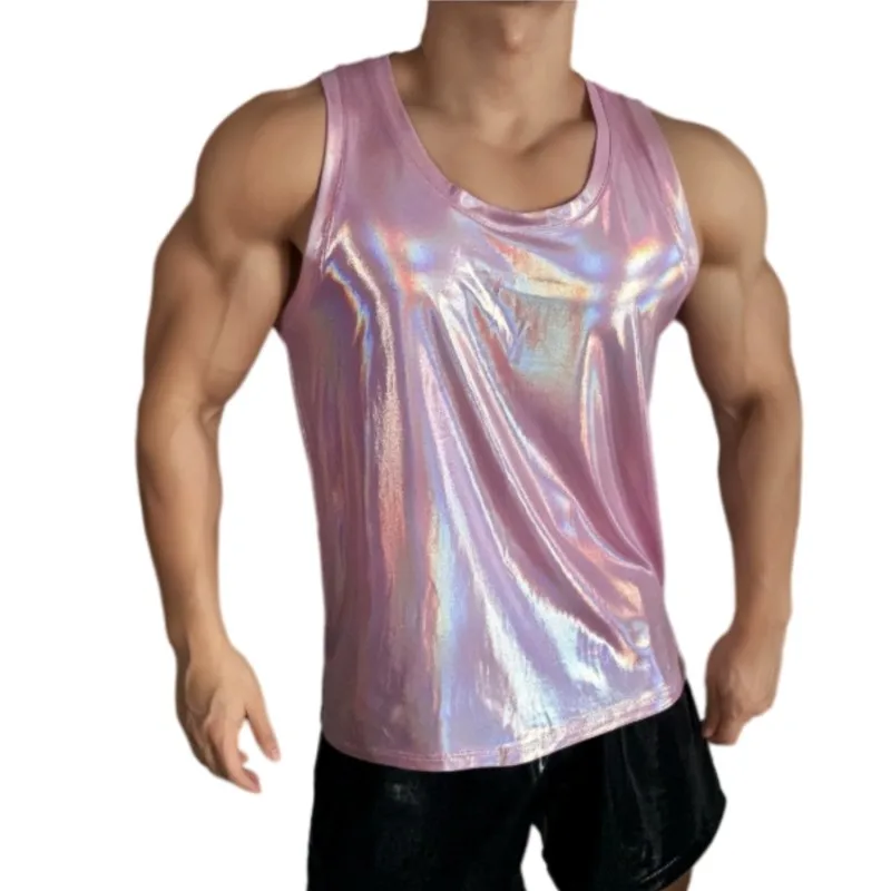 Men's High Elasticity Retro Soft Imitation Leather Pink Sleeveless Vest Fitness Training Top Gloss Fashion T-Shirt Singlet
