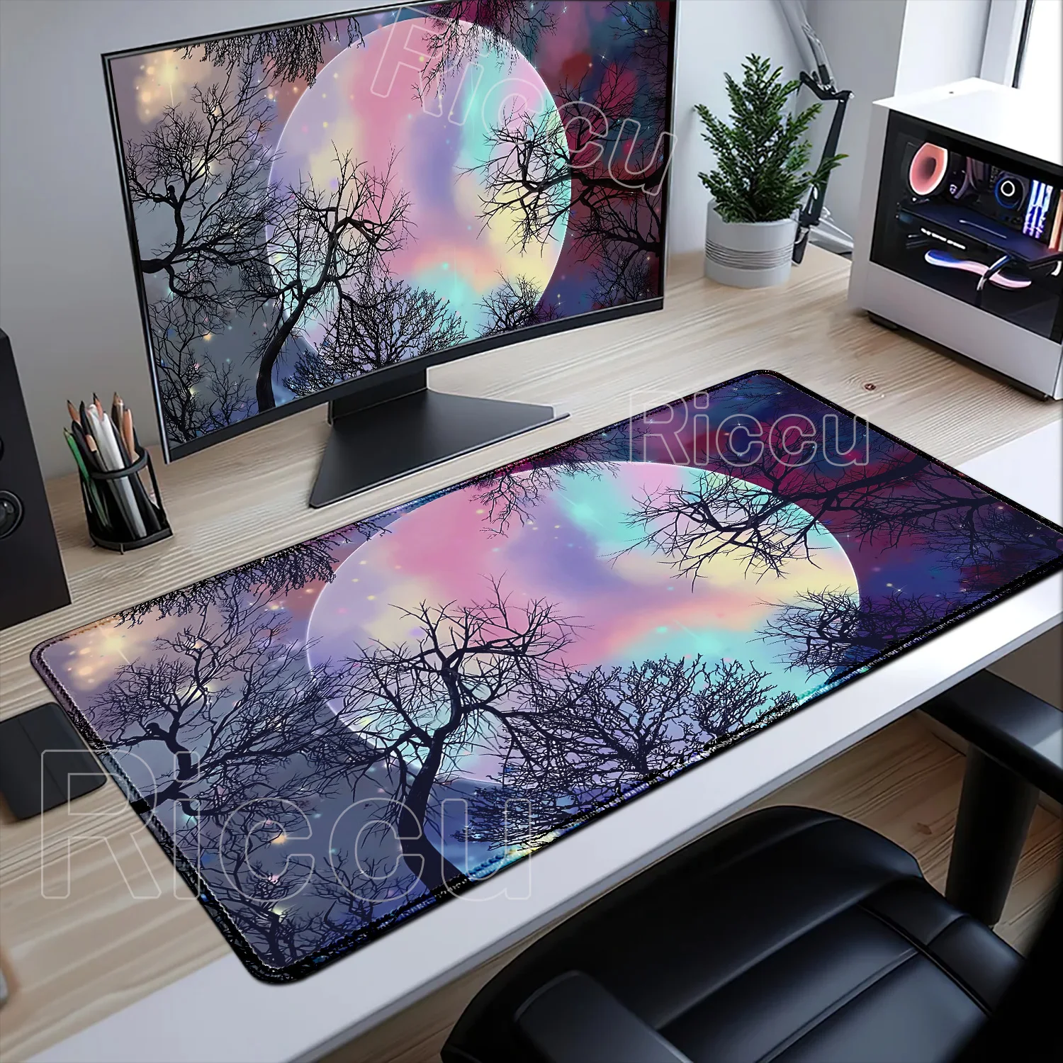 

Large Art Moon Landscape Mouse Pad HD Black PC Gamer Natural Rubber Desk Mat XXL Kawaii Accessories Big Carpet Home Office Setup