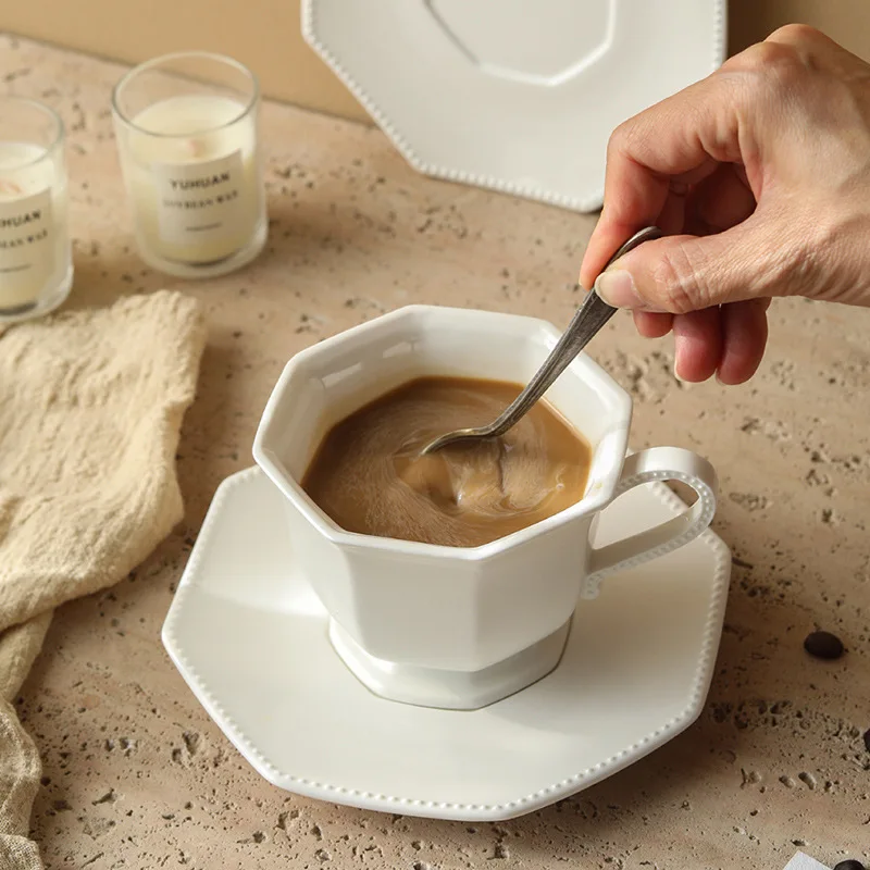 European White Octagonal Ceramic Coffee Cup Set Luxury Office Mug Afternoon Tea Cup