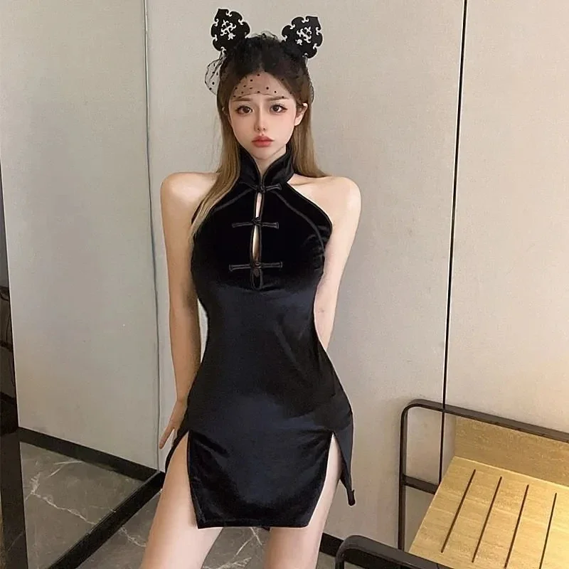 Vintage chinois traditionnel Qipao Cheongsam Sexy Mini mince fendu robe chinoise Cosplay Costume classique col Mandarin robes