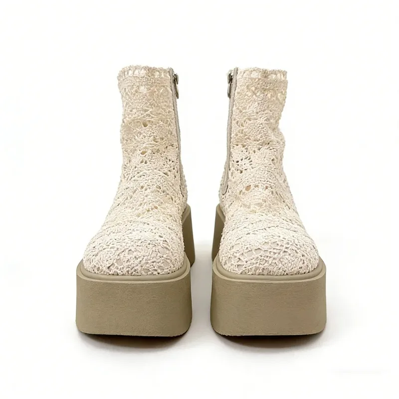 Botines de plataforma con tacón de cuña alto, transpirables, informales, estilo combate, para mujer, frescos para verano, con diseño calado y tejido de ganchillo, de suela gruesa