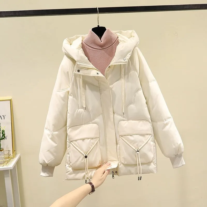 

2023 New Women Down Cotton Coat Winter Jacket Female Mid-length Thicken Parkas Hooded Loose Outwear Minimal Commuting Overcoat