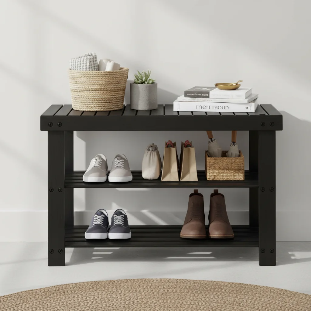 3段シューズラックベンチ、竹製玄関収納オーガナイザー、玄関ドア、寝室、リビングルーム用シューズスタンド、ブラック