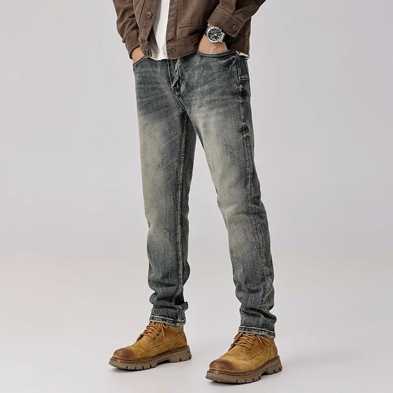 Celana Jeans Denim Distressed Washed untuk Pria |   Celana Slim Tapered Fit dengan Detail Rip Patch Gaya Retro Amerika Streetwear Musim Gugur Trendi