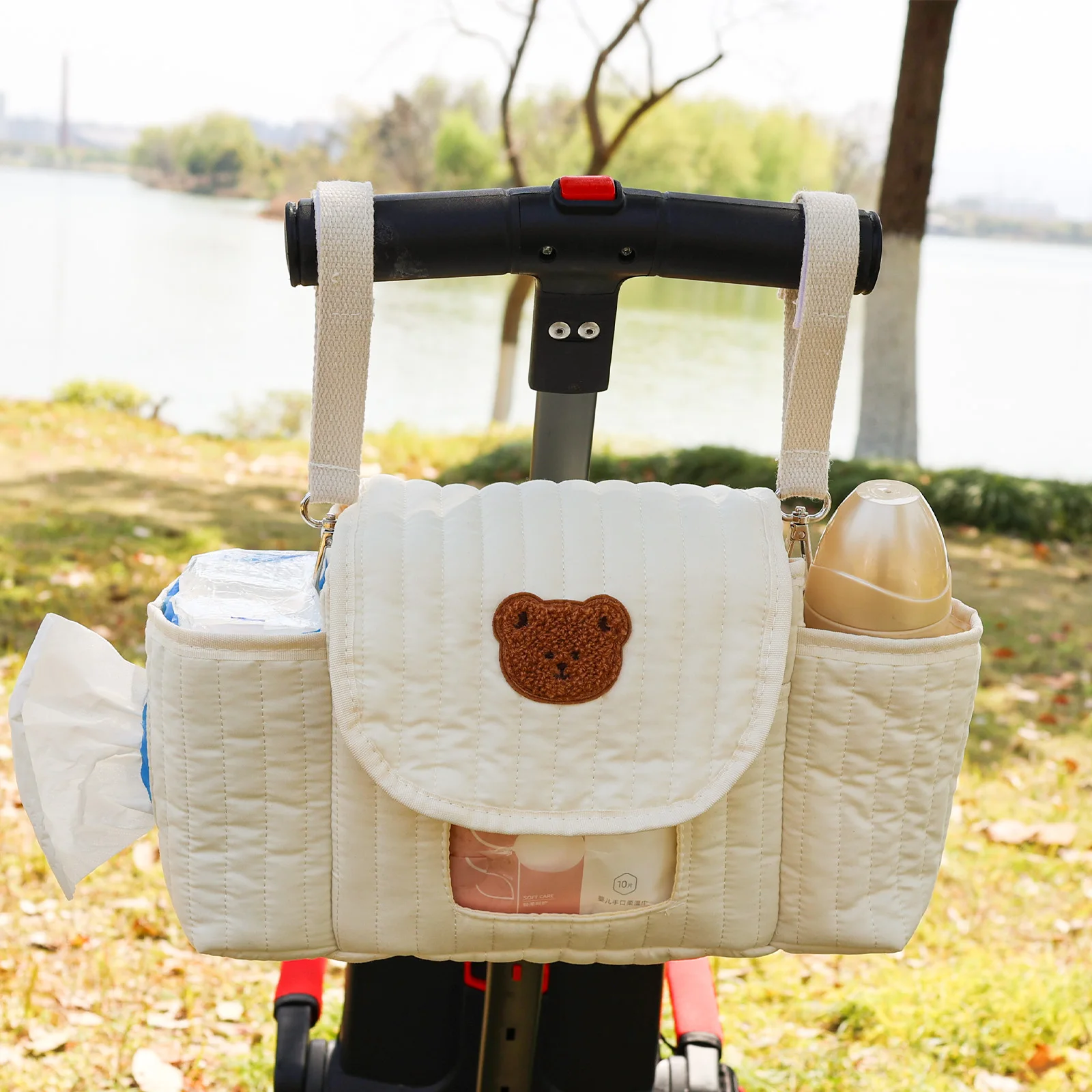 Off-white bear magic bag for stroller, dual-use crossbody bag, cartoon mommy bear storage bag, children's stroller storage basket, child-walking aid
