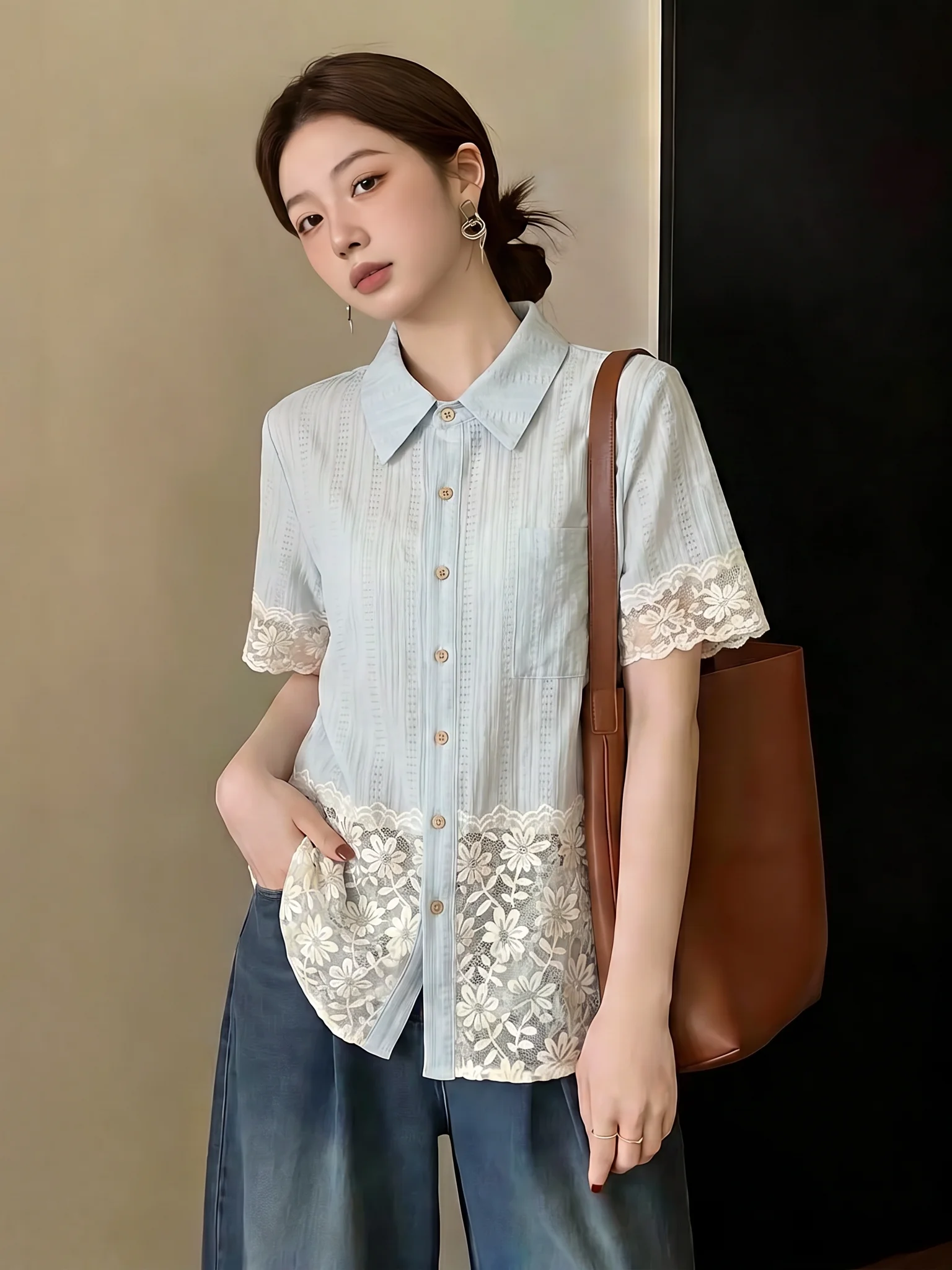 

Light Blue Lace Embroidery Short Sleeve Shirt Women's Summer New plus Size Fluffy MM Super Beautiful Top Korean Style Loose Fit