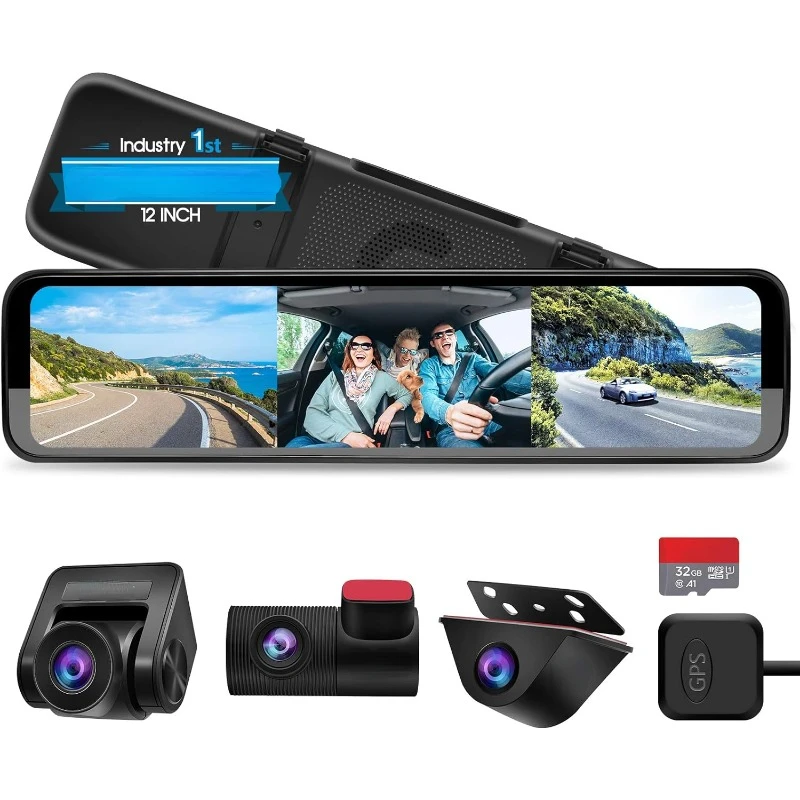 

Triple Mirror Dash Cam 12" with Detached Front and in-Car Camera,Waterproof Backup Rear View Dashcam Anti Glare 1296P IPS