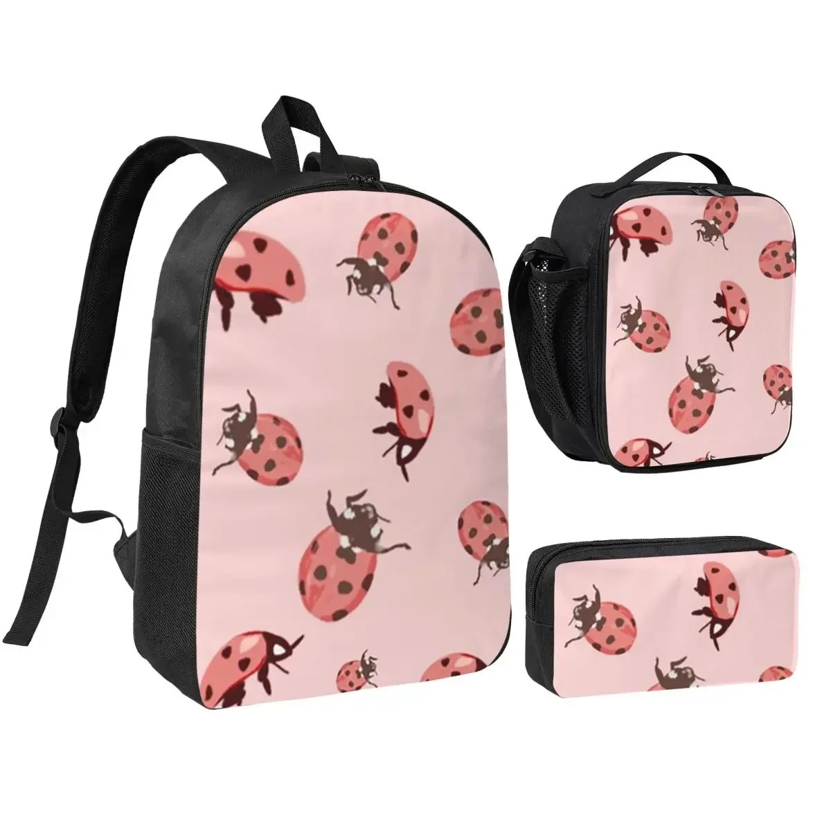 Cute Ladybug Pattern Whimsical Insect Backpack BookBag School Bag Computer Shoulder Bags 3ps Insulated Lunch Bag Pencil Case
