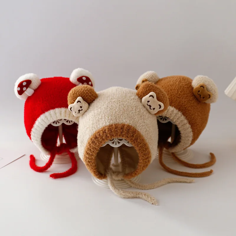 

Зимняя детская плюшевая шапка для защиты ушей, милая детская вязаная шапка с героями мультфильмов, толстый бархатный детский головной убор, шапочки для девочек и мальчиков 8-36 месяцев