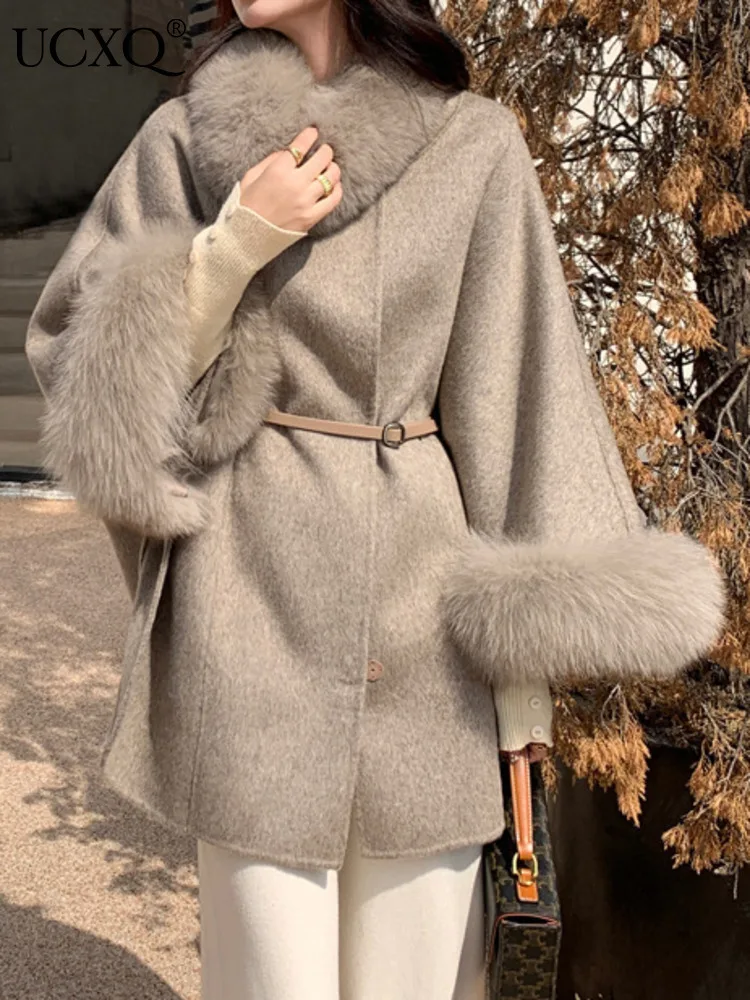 UCXQ Elegant Woolen Coat European Style Fox Fur Collar Belt Waist Beautiful Warm Shawl Jacket Women 2024 New Autumn Winter C1554