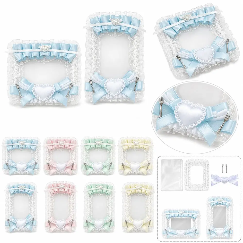 Lace Ruffles Photocard Holder Faux Pearl Satin Ribbon Decorative Card Holder Heart Decoration Clear Sleeve ID Card Sleeve