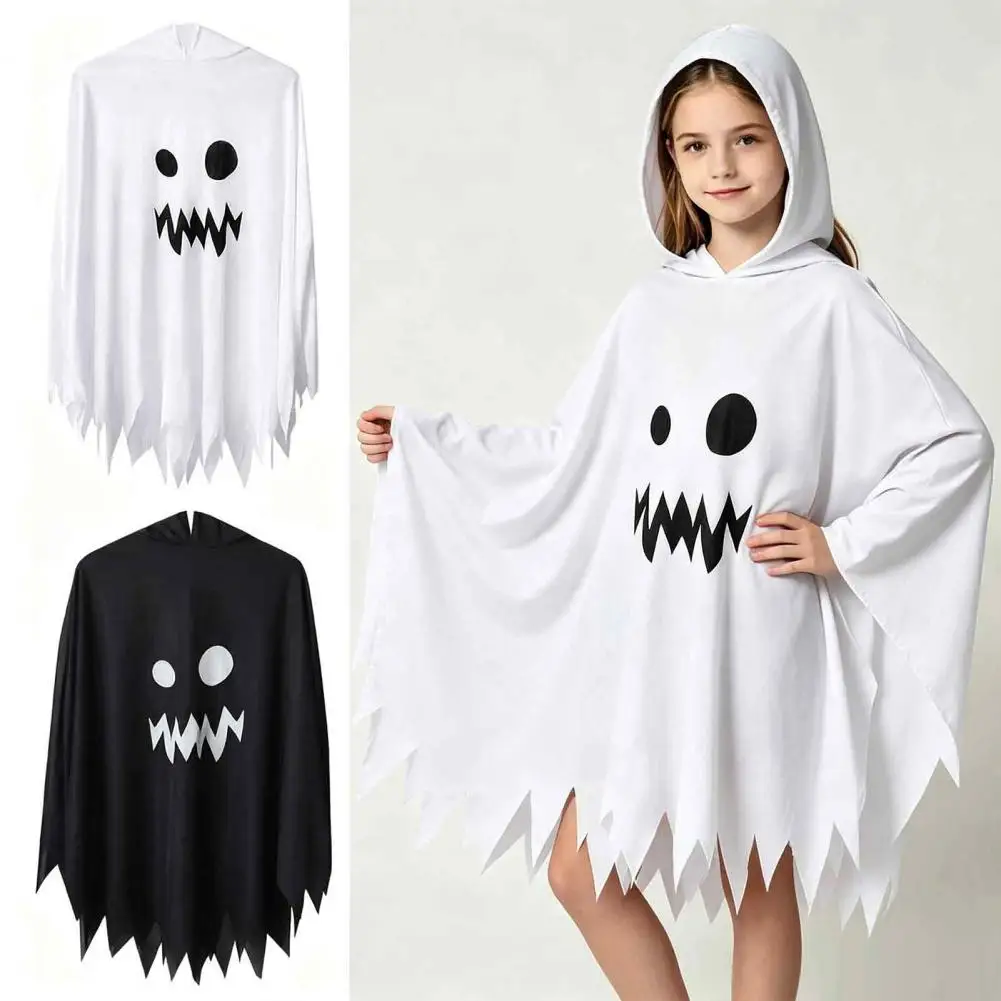 Hooded Ghost Costume White/Black Cape Costume for Kids Adults Spooky Halloween Party Outfit with Wave Edge for Cosplay Party