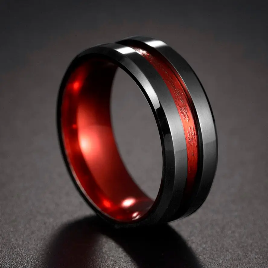 8MM Hot Sale Fashion Black Red Groove Stainless Steel Ring For Men Charm Male Jewelry Party Anniversary Rings Dropshipping