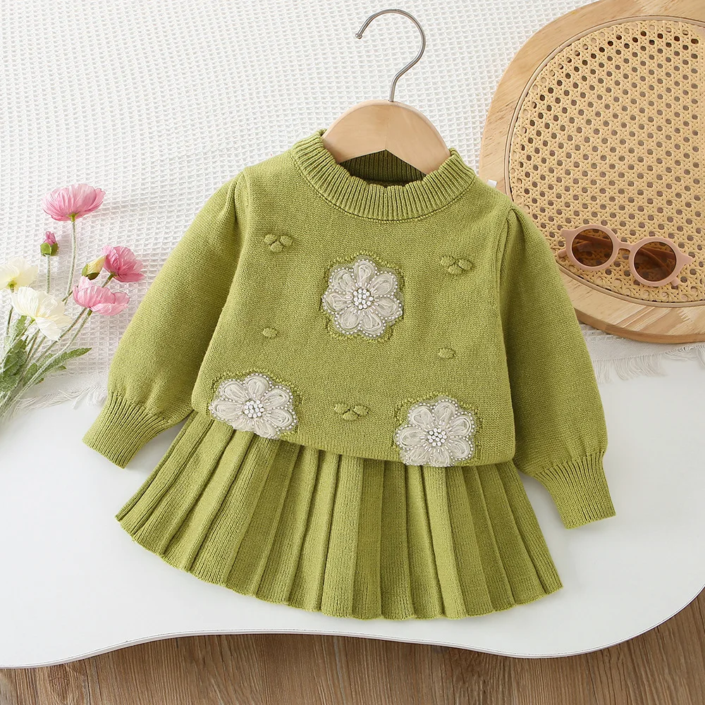 

Girls Dress Clothes Sets Spring Autumn Children Woolen Jersey Sweaters Tops Skirts Kids Princess Suit For Baby Knitted Outfits 6