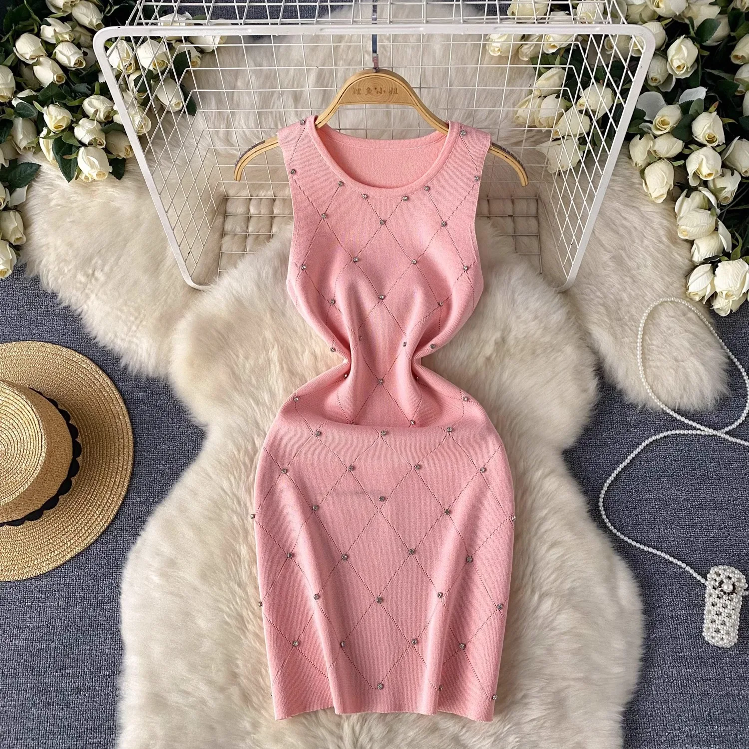 YuooMuoo Hotsweet Beading Knitted Mini Dress Women Sleeveless Slim Bodycon Summer Dress Streetwear Lady Outfits Tank Dress