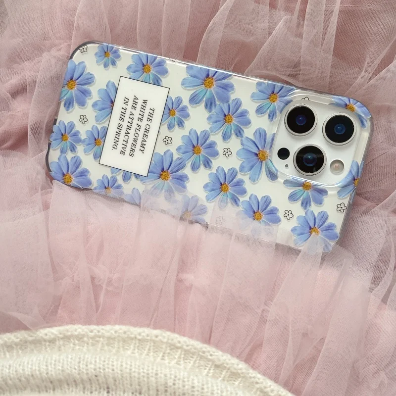Ins الأزرق ديزي زهرة ثنائي الطبقة IMD جراب هاتف آيفون 16 برو ماكس 15 برو 14/13 13 برو لينة غطاء كامل شل حماية الجسم #5