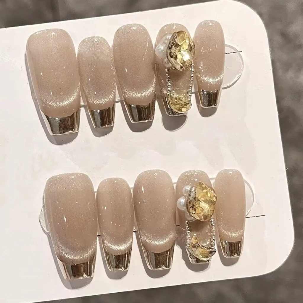 

10Pcs Handmade Press on Nails Full Cover Cat Eyes Rhinestones Design French Manicure Long Coffin False Nails Wearable Manicure