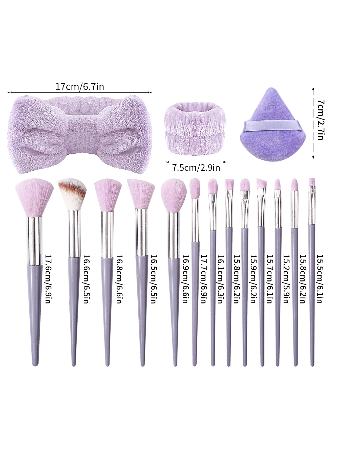 Set di pennelli per trucco viola da 18 pezzi: set di pennelli per trucco multiuso, cinturino da polso morbido per fascia da polso e soffio per cipria triangolare per trucco