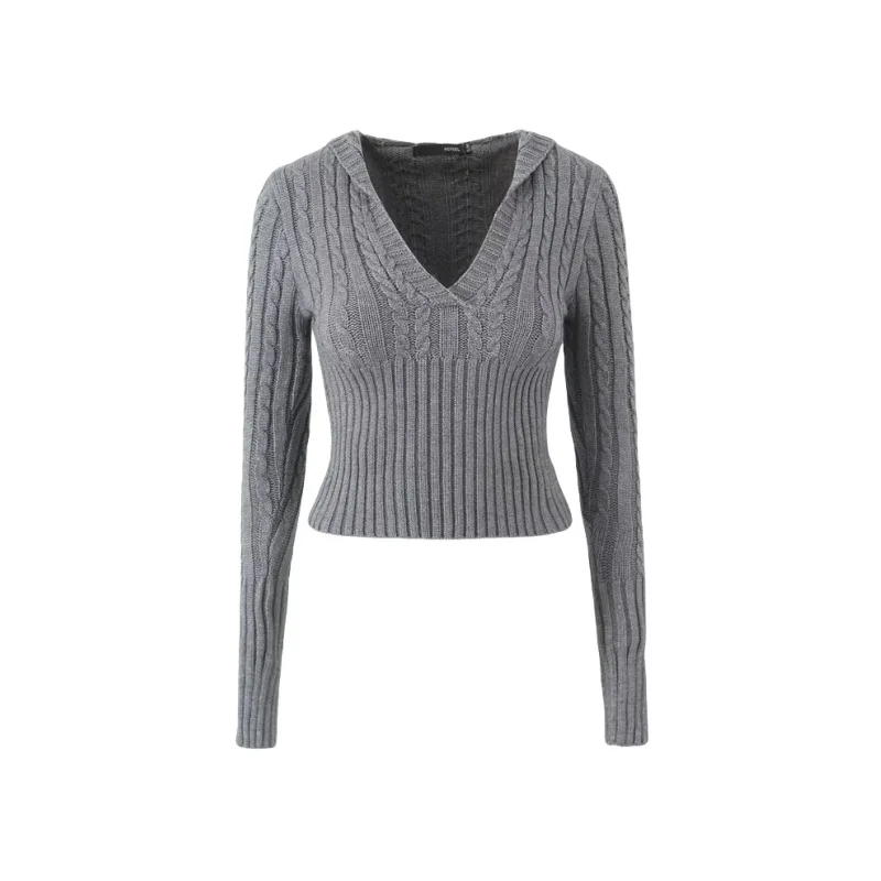 

Women Deep V Neck Exaggerated Long Sleeves Ibbing Evermore Cable Cloud Knit Sweater