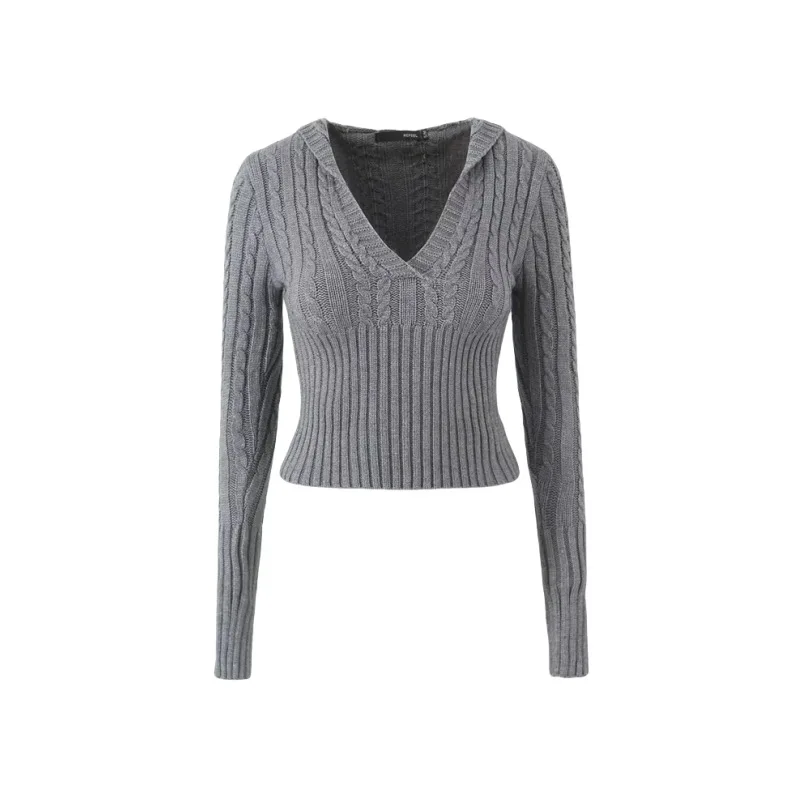 Women Deep V  Neck Exaggerated Long Sleeves Ibbing Evermore Cable Cloud Knit Sweater