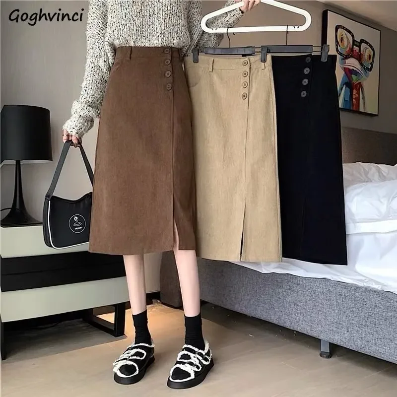 Skirts Women Corduroy Split Autumn New Arrival Empire Knee-length Fashion Button Retro Casual Clothing A-line S-5XL Faldas Mujer