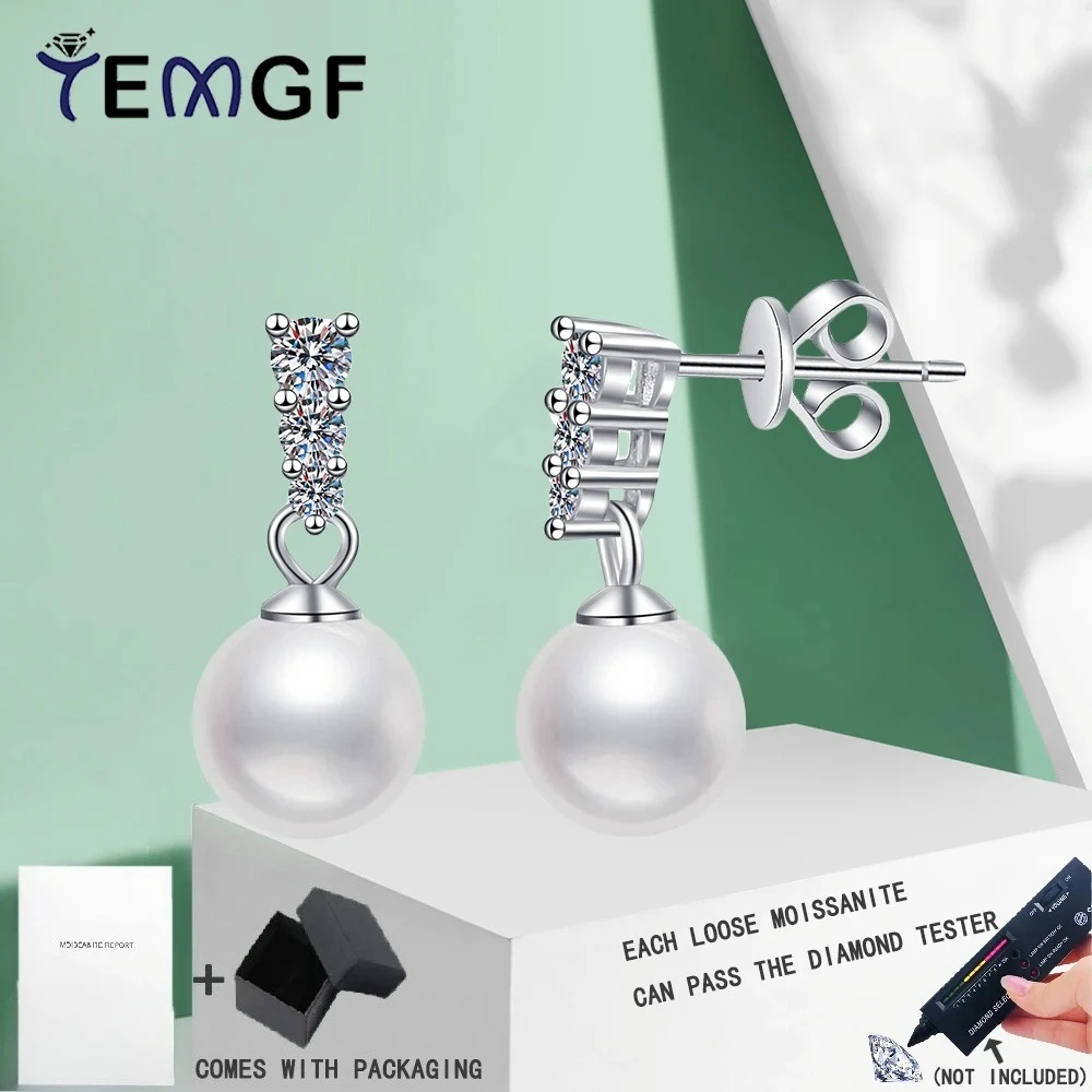 

TEMGF 0.23CT/Pair Moissanite Ear Studs With GRA 7.5-8mm Freshwater Pearl Pendant S925 Sterling Silver Earrings Jewelry for Women