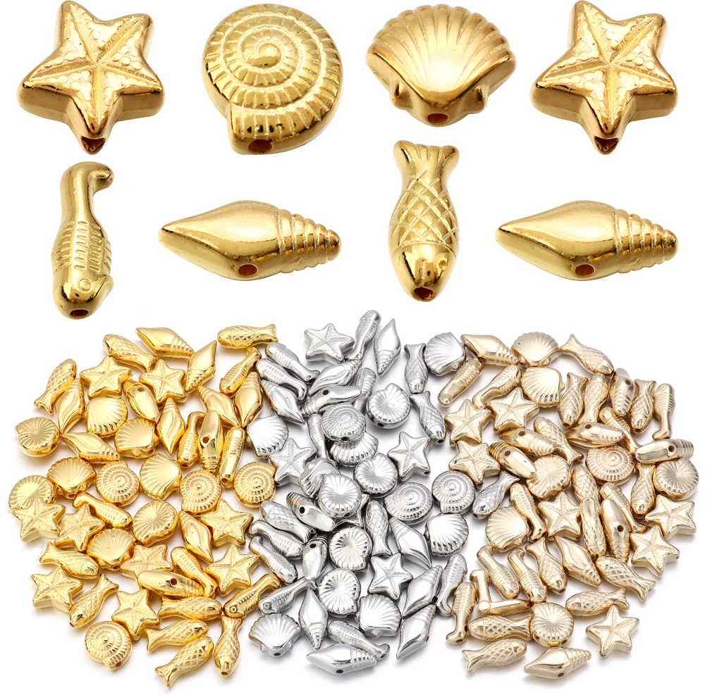 Apx 65 teile/los CCB Ozean Serie Perlen Gold Farbe Conch Fisch Charm Bead für DIY Halskette Armband Schmuck Machen Erkenntnisse