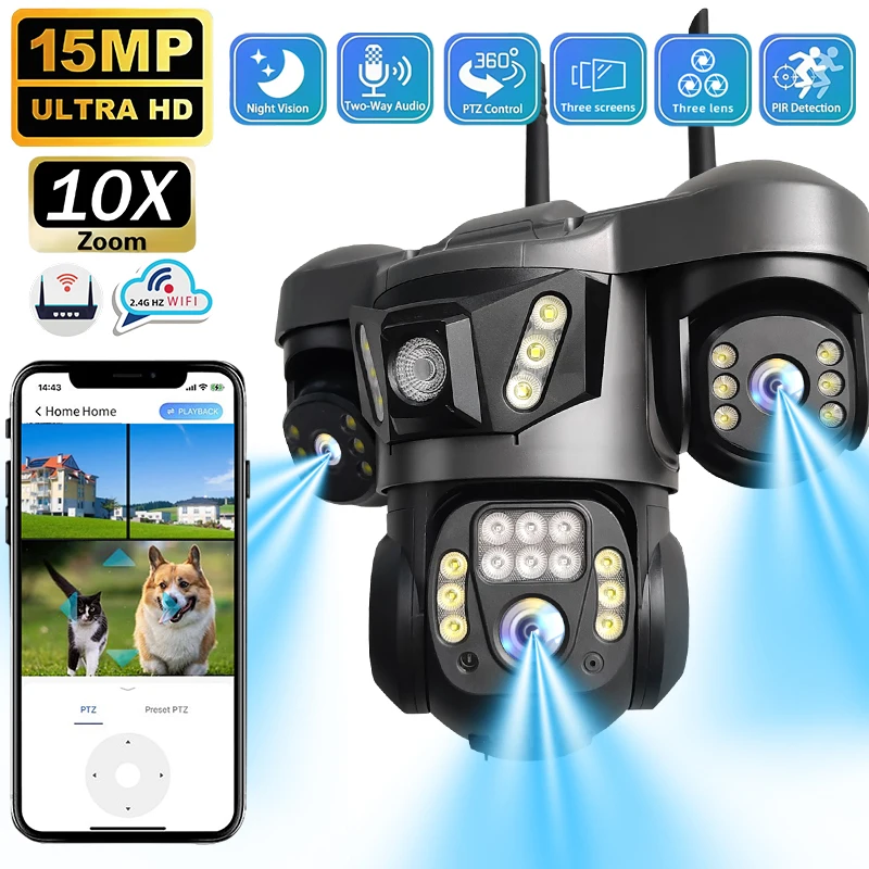 15MP WiFi IP Surveillance Camera Triple-Lens Triple Screens IP66 Outdoor HD Night Vision Outdoor 4G SIM Security Camera V380 Pro